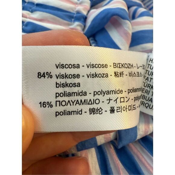 Bershka tie waist wide leg linen look trousers in blue & pink stripe Size M - Picture 8 of 9